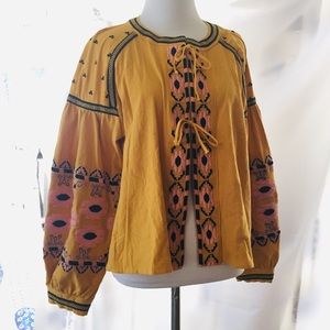 Mustard Embroidered Tie-Front Women's Top
